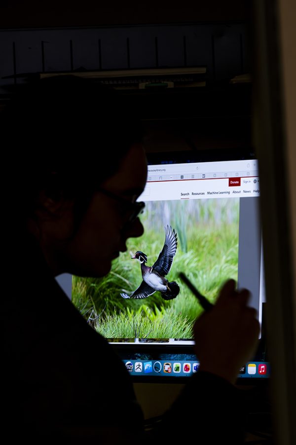 Silhouette of a student work and drawing on a computer