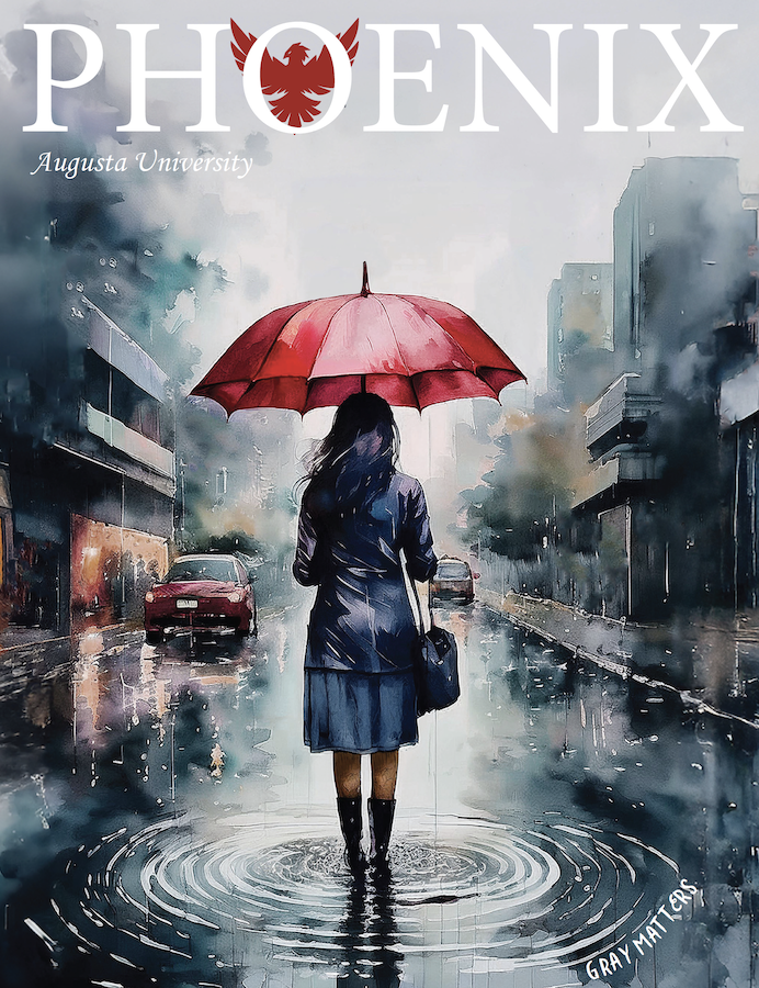 The cover of a magazine titled "Phoenix" depicting a woman holding an umbrella and walking down a rainy street.