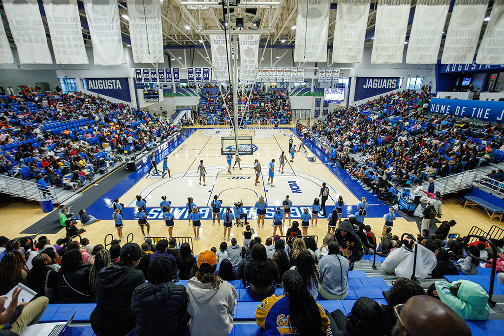 View of the basketball court with the students in the seats