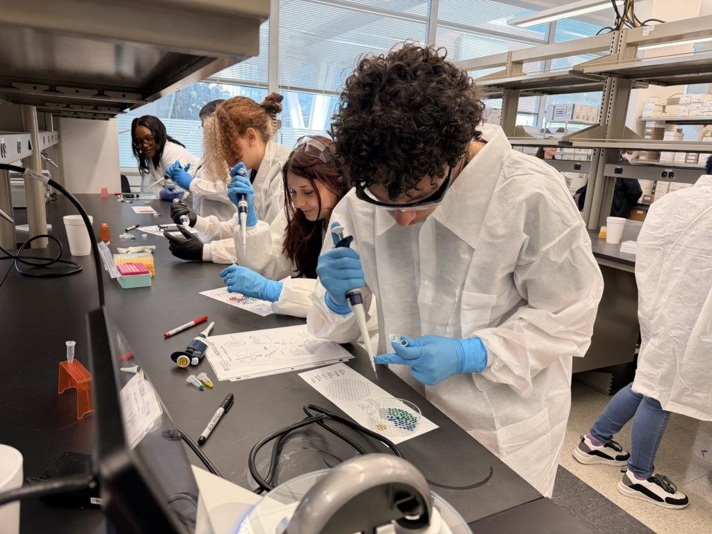 In this photo, you see students standing in a research laboratory inside the Georgia Cancer Center M. Bert Storey Research Building.