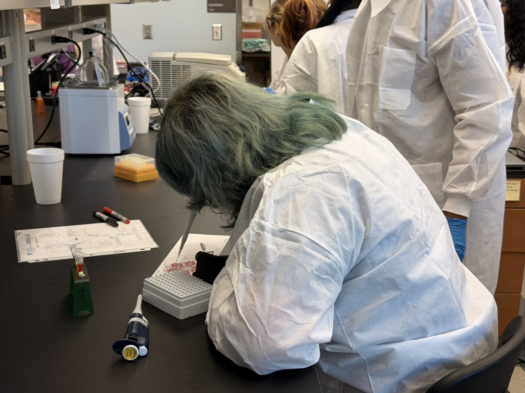 This is a photo of a high school student using lab equipment to learn about cancer research.