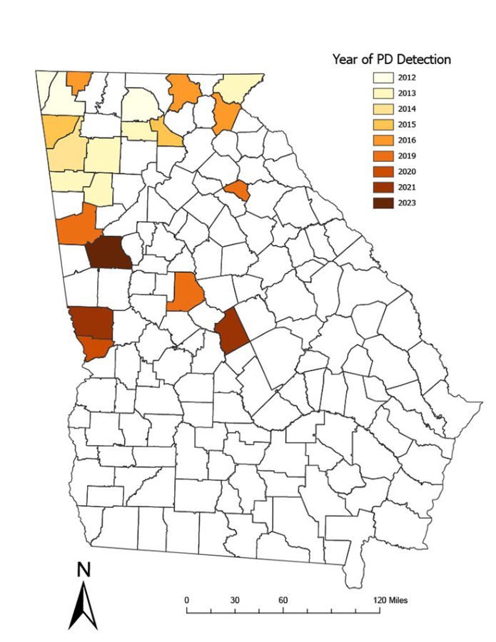 A map of the state of Georgia that depicts the 159 counties of the state. Several of the counties in the northern and western parts of the state are shaded in.