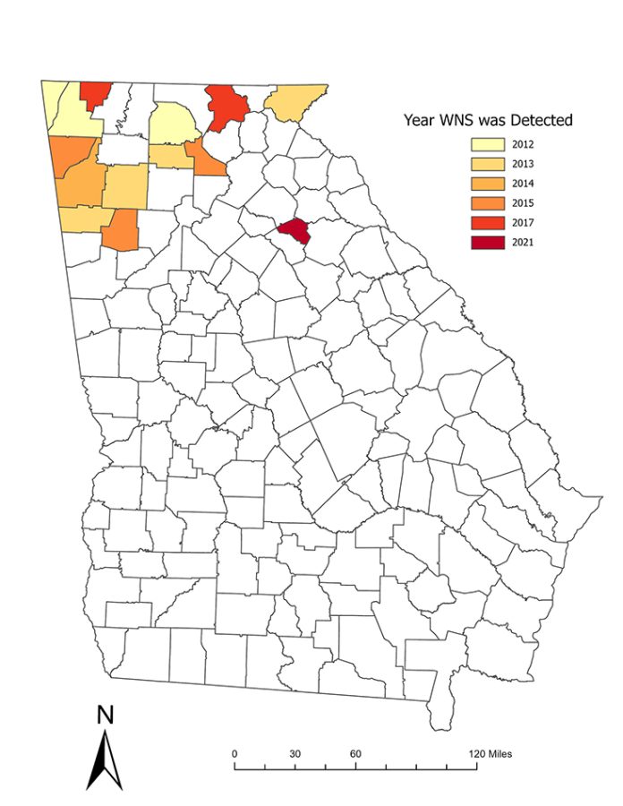 A map of the state of Georgia that depicts the 159 counties of the state. Several of the counties in the northern part of the state are shaded in.