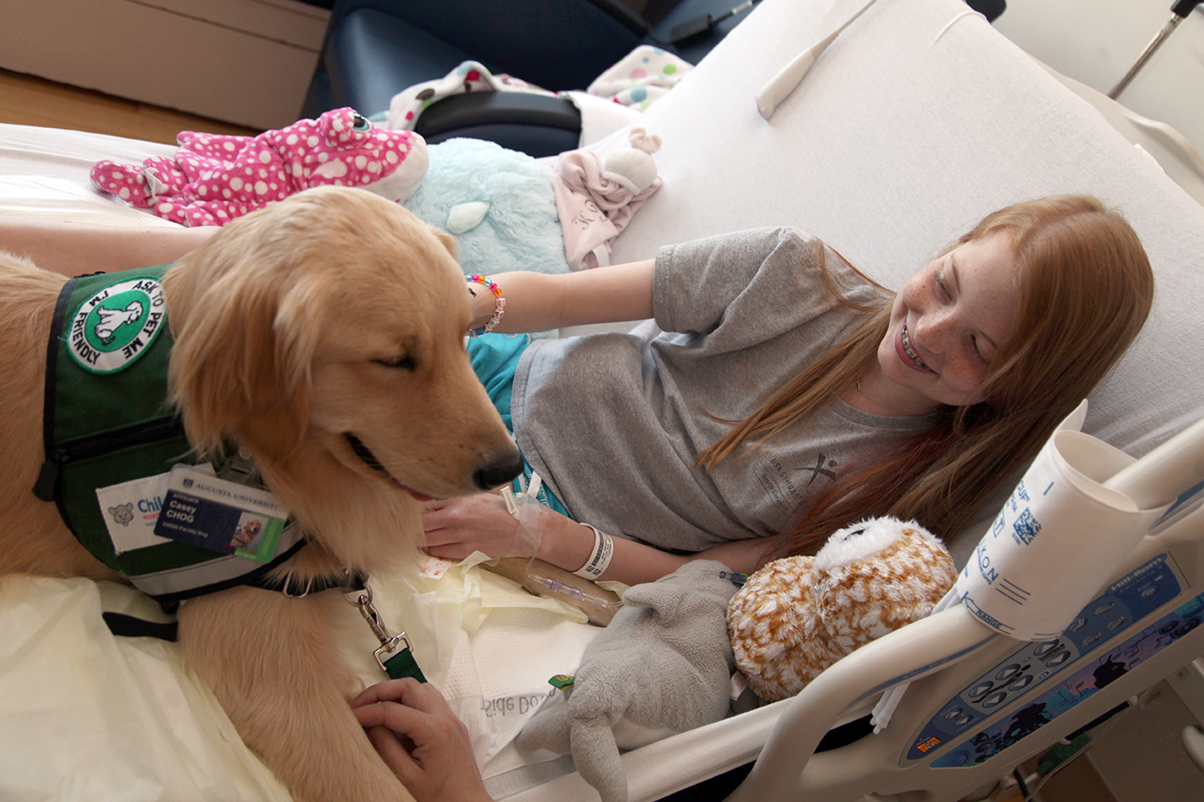 Girl in hospital bed with therapy dog.