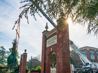 A crane places a large tree next to the entrance to a college campus. There is also a brick archway that marks the entrance.