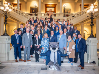 A large group of men and women various business dress pose on a very large staircase with a person wearing a cat head in the front.