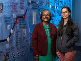 Two female anesthesiologists pose in front of a background with the history of MCG anesthesiology on it.