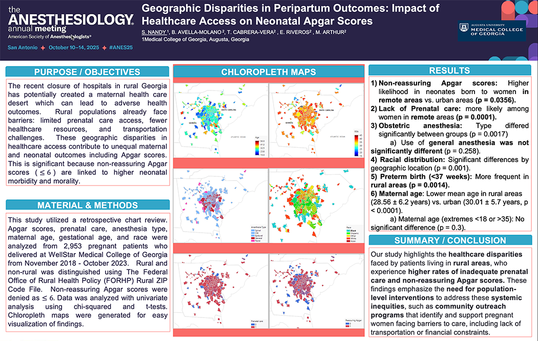 A research poster showing geographic disparities in for neonatal care and outcomes for mothers in rural and urban areas.