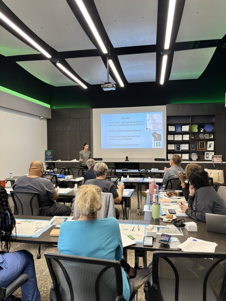 In this photo, you see several people sitting in a room with one person standing at the front of the room giving a presentation about skin cancer detection strategies.