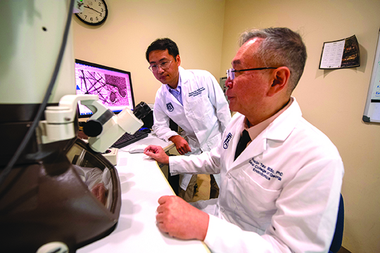 Two researchers wearing lab coats sit behind a desk with a microscope.