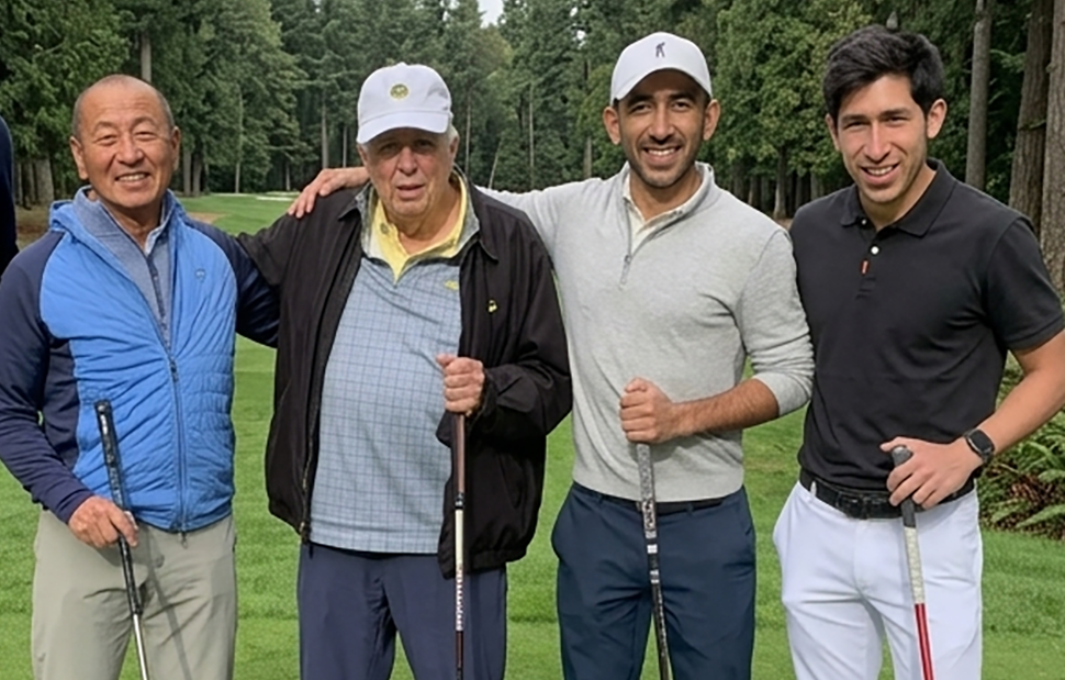 four men stand with golf clubs