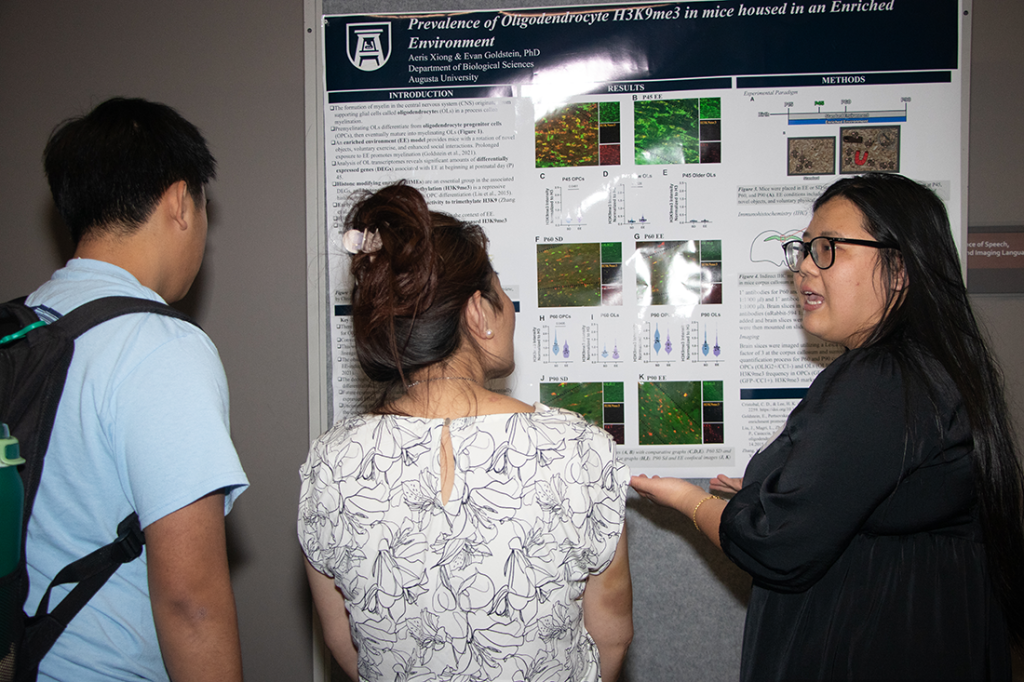 A student in a dark dress and glasses presents a large research poster supported on a board to two visitors that have stopped by to listen.