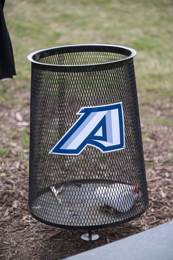 Trash can with an Augusta University logo on it