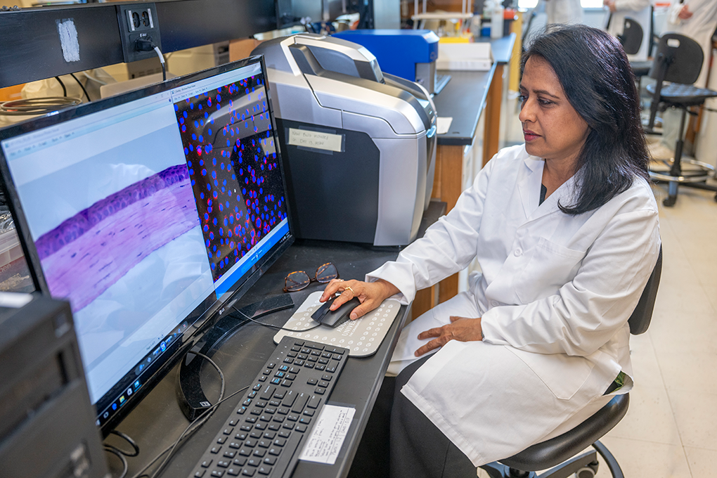 A female scientist wearing a lab coat sits at a computer in a lab.