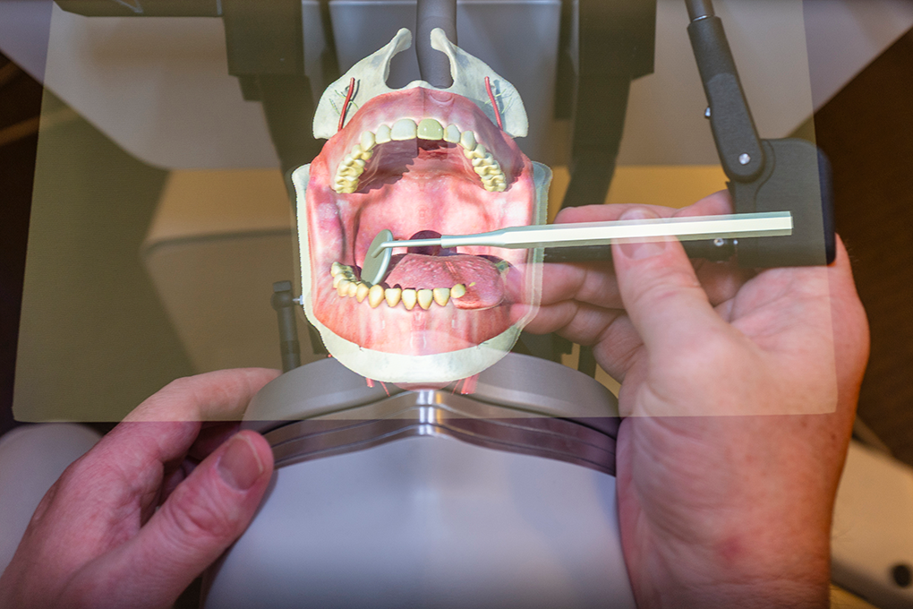 A close of a simulated mouth model with a dentist using a simulated mirror to look in the mouth.