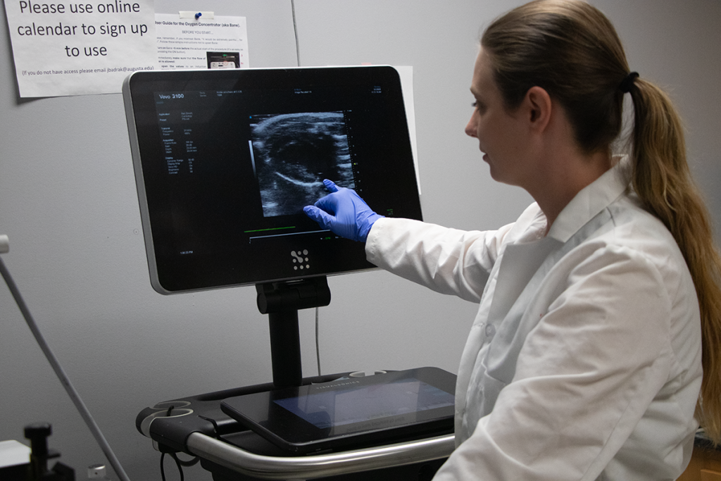 A woman in a white lab coat, Kristin Backer, points to a screen with a scan of a rat heart on it