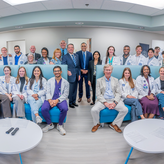 Large group of men and women in business dress and medical students in white coats