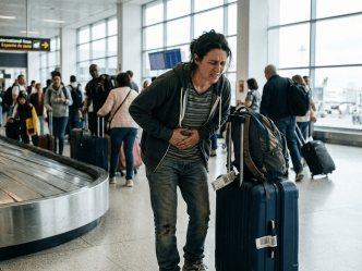Woman in airport clutching her stomach
