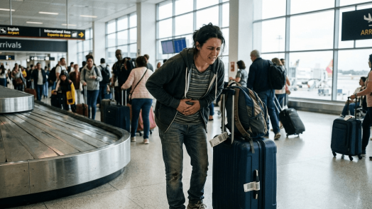 Woman in airport clutching her stomach