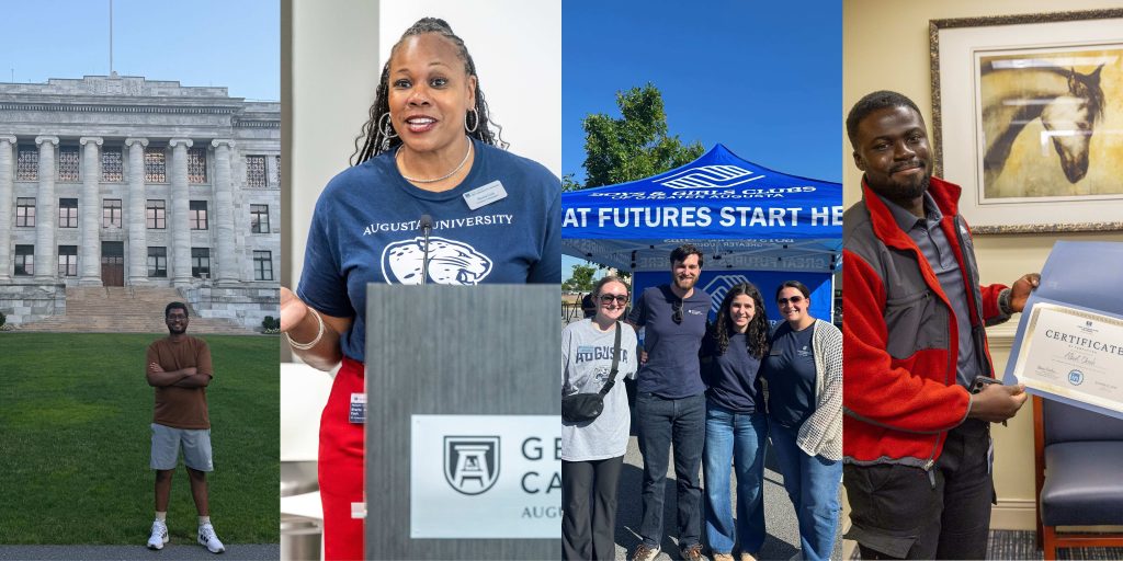 A series of four images next to each other vertically. The first image on the left depicts a man standing in front of a stone building. The second image shows a woman speaking at a podium. The third is a group of four individuals smiling in front of a blue tent that says Boys and Girls Club of America. The fourth image is of a man smiling and holding a certificate.