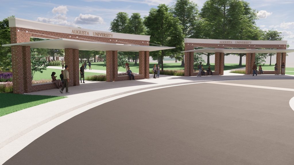 A rendering of a large brick bus stop.
