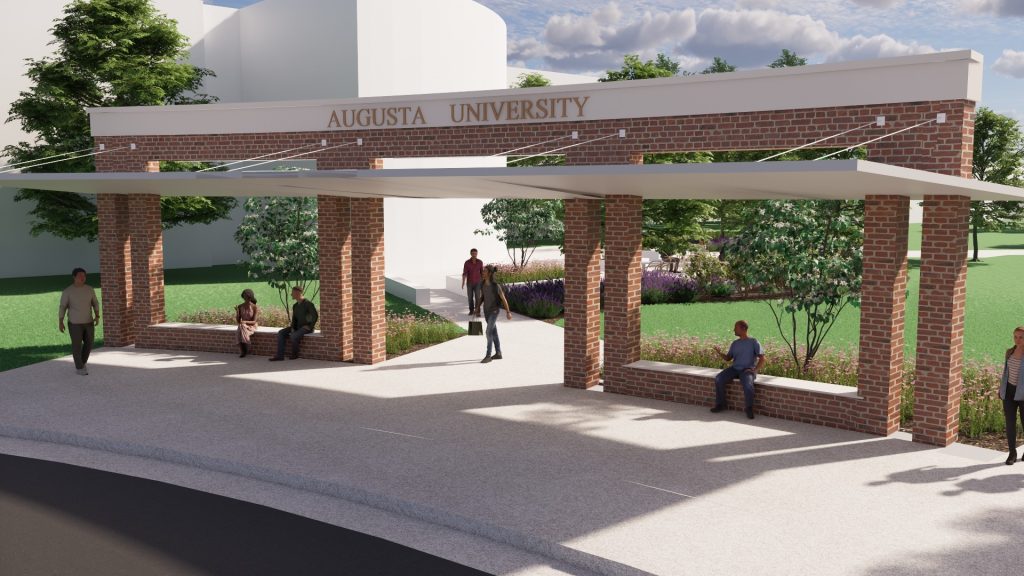 A rendering of a large brick bus stop.