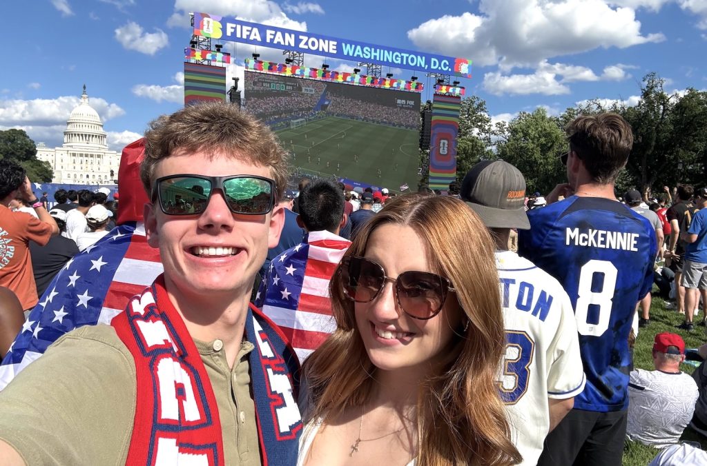 Students at a soccer viewing event