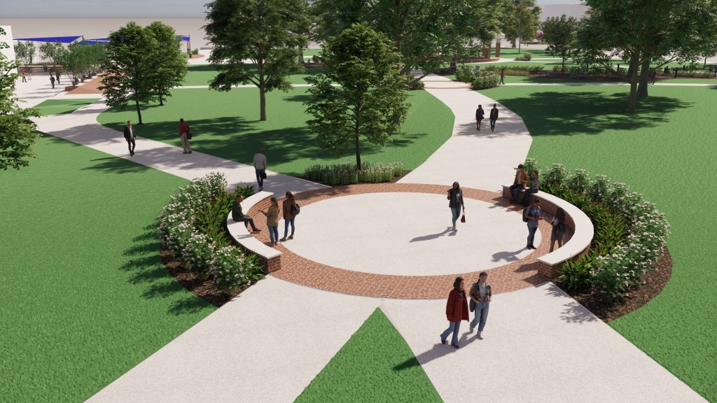 A rendering of several sidewalks converging into a circular gathering space.