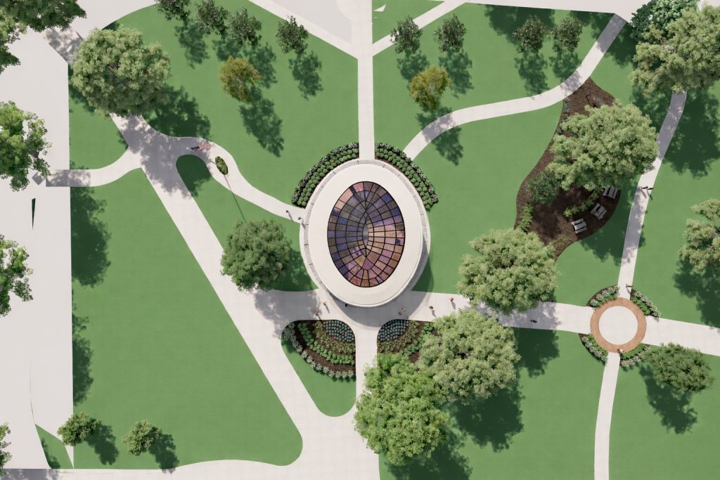 A rendering of several sidewalks converging into paths surrounding and leading to the rotunda.