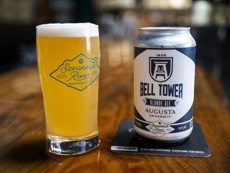 Can of Bell Tower Blonde Ale and full glass