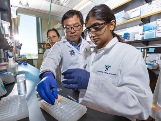 A group of four scientists gather around a lab bench to work on an experiment. Two of the scientists are working with tools, while the other two are watching.